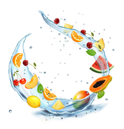 Set of fruits and berries in water splashes. Apricot, watermelon, cherry, papaja, pineapple, limon, orange, mint, mango in water splash and drops. Vector illustration.のイラスト素材