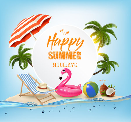 Summer vacation background. with Travel items and flamingo on the sea. Vector.のイラスト素材