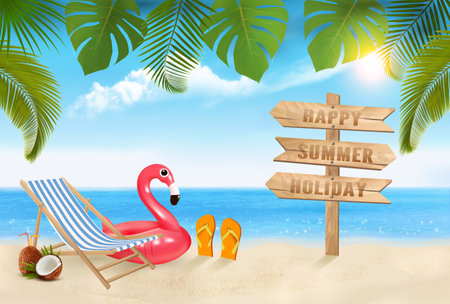 Summer vacation background. with Travel items and flamingo on the sea. Vector.のイラスト素材