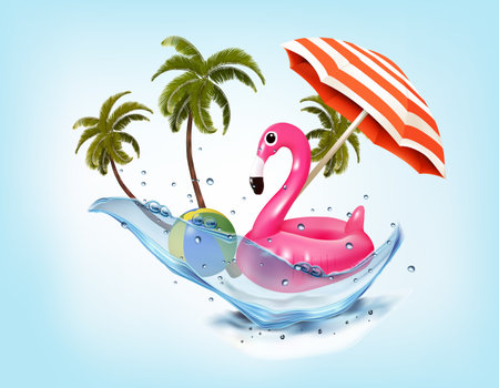 Summer vacation background. with Travel items, flamingo and palm trees on the water splash. Vector.のイラスト素材
