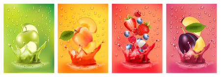 Fresh fruits juice splashing together- pear, apple, plum, apricot, strawberry, blackberry, raspberry juice drink splashing. 3d fresh fruits. Vector illustrationのイラスト素材