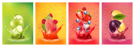 Fresh fruits juice splashing together- pear, apple, plum, apricot, strawberry, blackberry, raspberry juice drink splashing. 3d fresh fruits. Vector illustrationのイラスト素材