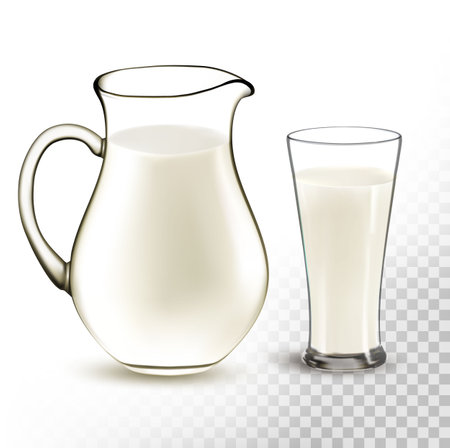 Natural Whole Milk In Jug And Glass isolated On Transparent Background. Vectorのイラスト素材