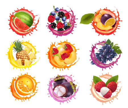 Set of fruits and berries in juice splashes. Watermelon,  pineapple, grape. papaya, banana, mango, passion flower, raspberry, mangosteen, strawberry, plum juice drink splashing. Vectorのイラスト素材