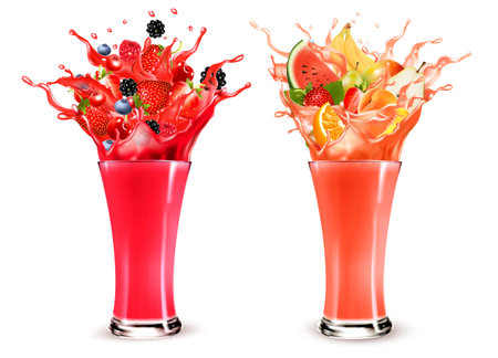Pink berry juice splash. Whole and sliced strawberry, raspberry, cherry blueberry and lychee in a sweet juce or cocktail with splashes and drops isolated in glasses. 3D. Vector.のイラスト素材