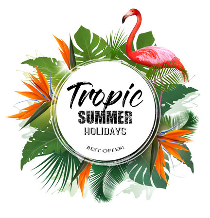 Summer Holiday Background With Tropical Plants And Coloful Flowers and Flamingo. Vectorのイラスト素材