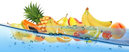 Fresh fruit and sweet berries  in transparent water and oxygen bubble. Pineapple, banana, cherry, orange, guava, pear, citron, peach, mango, papaya. Vector.のイラスト素材