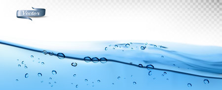 Transparent water waves with air bubbles and sunbeams on transparent background. Vector illustrationのイラスト素材