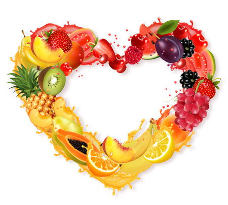 Fruit and berries in juice splash frame the shape of a heart. Strawberry, raspberry, blueberry, blackberry, orange, guava, watermelon, pineapple, mango, peach, apple, kiwi, banana. Vectorのイラスト素材
