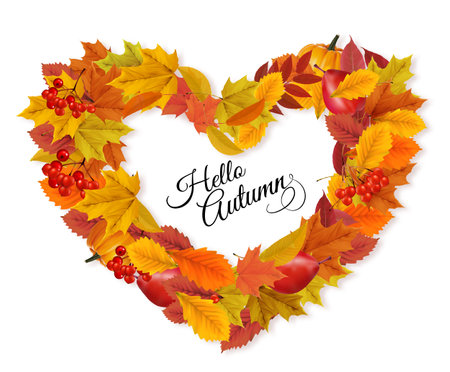 Autumn colorful forest leaves and a red berries the shape of a heart. Sale Frame. Vector illustration.のイラスト素材