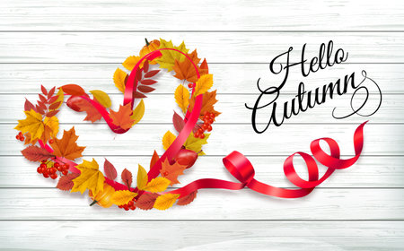 Autumn colorful forest leaves and a red berries the shape of a heart and red ribbon on wooden background. Sale Frame. Vector illustration.のイラスト素材