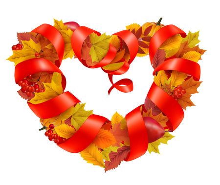 Autumn colorful forest leaves and a red berries the shape of a heart and red ribbon. Sale Frame. Vector illustration.のイラスト素材