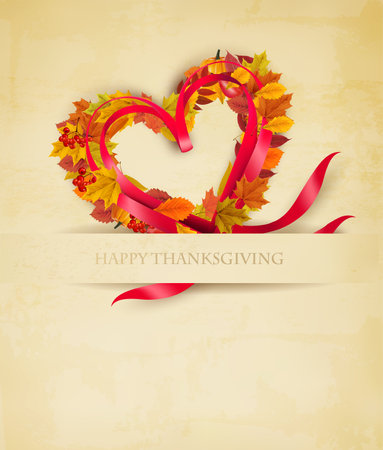 Holiday Vintage Happy Thanksgiving Background. Autumn colorful forest leaves, berries, red ribbon the shape of a heart. Vector.のイラスト素材
