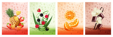 Set of labels with fruit and vegetables drink. Fresh fruits water splashing together- pineapple, strawberry, aloe vera, raspberry, orange, chocolate, vanilla in water drink splashing. Vectorのイラスト素材