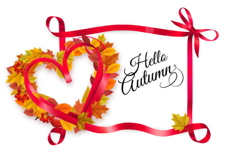Autumn colorful forest leaves and a red berries the shape of a heart and red ribbon. Sale Frame. Vector illustration.のイラスト素材
