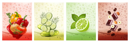Set of labels with fruit and vegetables drink. Fresh fruits water splashing together- pepper, tomato, cucumber, dill, onion, parsley, lime, mint, coffee, hazelnut, chocolate in water drink. Vectorのイラスト素材