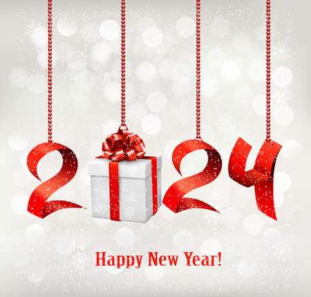 2024 New Year background with gift box and red ribbons. Vector.のイラスト素材