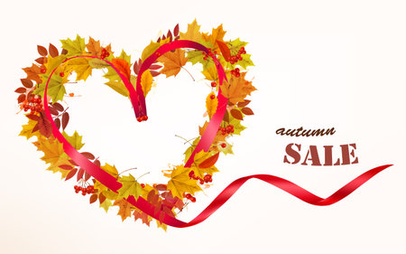 Autumn Sales Card With Colorful Leaves and Red Ribbon. Vector.のイラスト素材