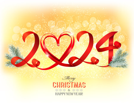 Merry Christmas and Happy New Year. Yellow Glowing background with numbers 2024 and heart made of red ribbon and Christmas tree branches. Vectorのイラスト素材