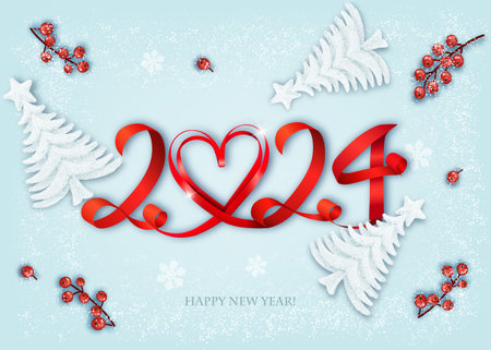 Merry Christmas and Happy New Year background with a 2024, red berries, candy cane and trees. Vector.のイラスト素材