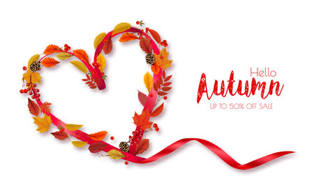 Autumn colorful forest leaves, berries, cones, acorns, viburnumin the shape of a heart Sale Frame and red ribbon.   Vector.のイラスト素材