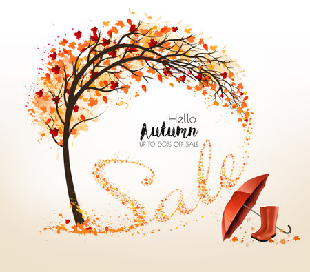 Autumn natural background with tree and falling colourful leaves gathered in the shape of the word sale. Autumn sale. Vector.のイラスト素材