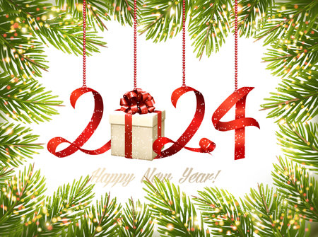 Merry Christmas and Happy New Year background with tree branches and numbers2024. Vector.のイラスト素材
