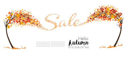 Autumn natural background with trees and falling colourful leaves gathered in the shape of the word sale. Autumn sale. Vector.のイラスト素材