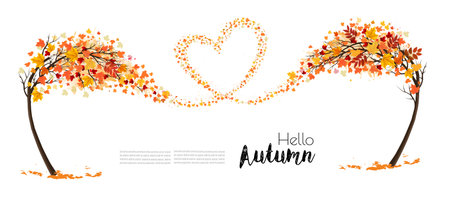 Autumn natural background with trees and flying colorful leaves gathered in the form of a heart. Vector.のイラスト素材