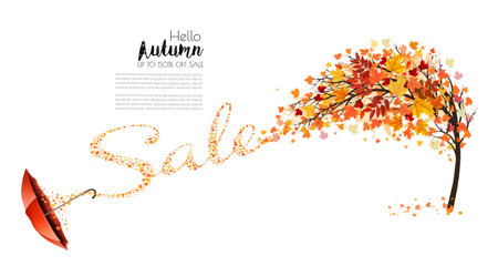 Autumn natural background with tree and falling colourful leaves gathered in the shape of the word sale. Autumn sale. Vector.のイラスト素材
