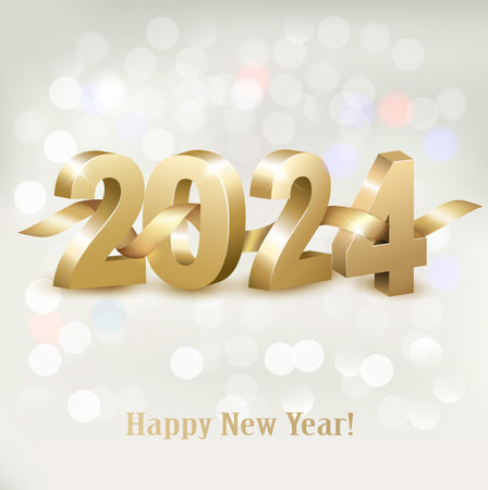 Merry Christmas and Happy New Year 2024. Golden 3D numbers with gold ribbon. Vectorのイラスト素材