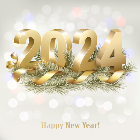 Merry Christmas and Happy New Year 2024. Golden 3D numbers with gold ribbon and branch of christmas tree. Vectorのイラスト素材