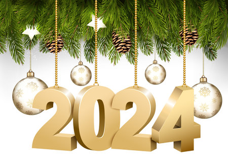 Happy New Year and Christmas holiday frame with branches of tree garland and 2024 litters and transparent balls. Vector.のイラスト素材