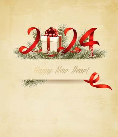 Happy New Year and Christmas retro holiday background with a 2024 and branch of tree and gift box. Vector.のイラスト素材