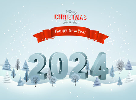 Abstract Holiday Christmas and Happy New Year background with a winter landscape and  christmas trees. Vector.のイラスト素材