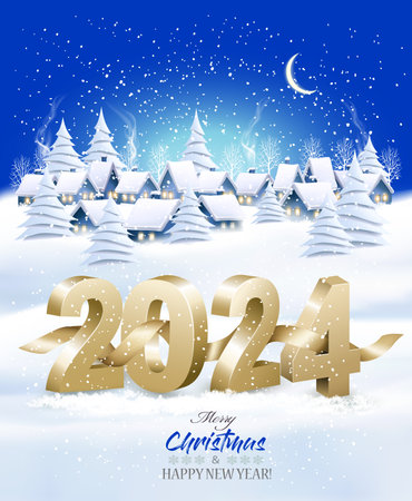 Holiday Christmas Winter Background with a Village Landscape and 2024 numbers. Vector.のイラスト素材