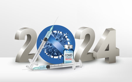 New Year 2024 number with Stop Covid Symbol with syringe and bottle with a vaccine. Vectorのイラスト素材