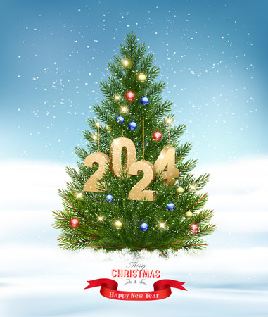 Merry Christmas and Happy New Year background with Christmas tree and colorful balls and golden letters 2024. Vector.のイラスト素材
