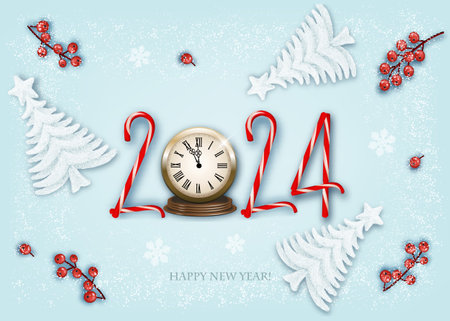 Merry Christmas and Happy New Year background with a 2024, red berries, candy cane and trees. Vector.のイラスト素材