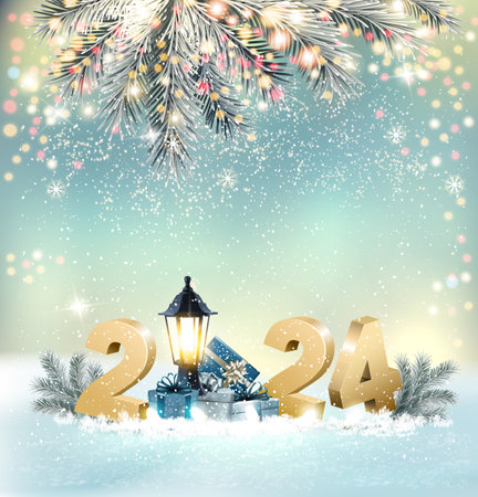 Merry Christmas and Happy New Year Background with 2024 and gift boxes and branches of christmas tree. Vectorのイラスト素材