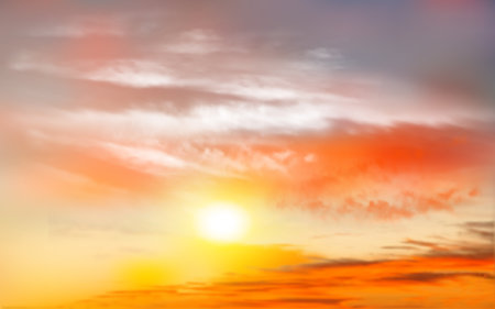 Sunset sky background with transparent clouds and sun. Vector illustrationのイラスト素材
