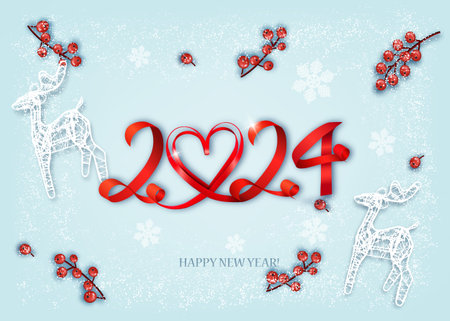 Merry Christmas and Happy New Year background  Numbers from red ribbon and a wreath of Christmas tree branches. Festive realistic design. Holiday party 2024, web poster. Vectorのイラスト素材