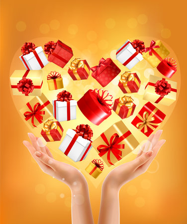 Holiday background with hands holding gift boxes collected in a heart shape. Gift giving concept. Vector illustration.のイラスト素材