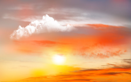 Sunset sky background with transparent clouds and sun. Vector illustrationのイラスト素材