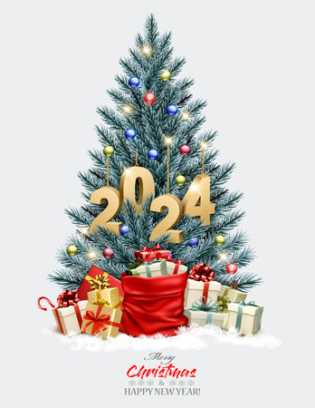 Holiday background with Christmas blue tree with garland and a gold 2024 letters. Vector.のイラスト素材