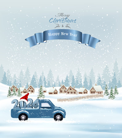 Holiday Christmas and Happy New Year background with with evening landscape and blue car with 2024 numbers and Santa hat. Winter illustration, banner, vectorのイラスト素材