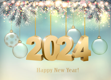 Abstract holiday christmas light banner with gold 2024 numbers and transparent balls. Vector illustrationのイラスト素材