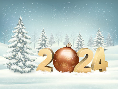 Merry Christmas and New Year Holiday landscape background with a 2024 and a christmas tree ball. Vector.のイラスト素材