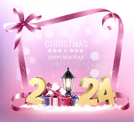Merry Christmas and New Year Holiday background with 2024 and colorful gift boxes. Vector.のイラスト素材