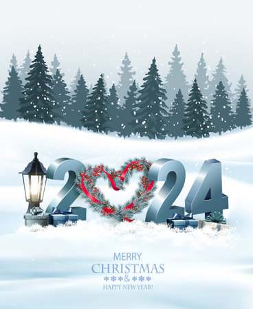 Merry Christmas and Happy New Year Holiday background with gift boxes, Christmas wreath and blue glitter 2024 numbers. Vector.のイラスト素材